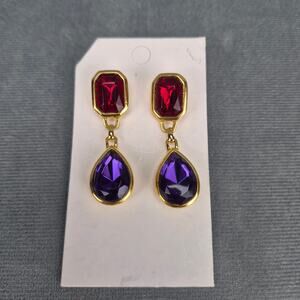 Trifari TM Vintage Purple Red Glowing Lucite Dangle Pierced Earrings